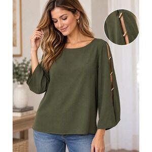 MICHAEL Michael Kors Blouse M Olive Green Split Sleeve Gold Bar Crepe Top